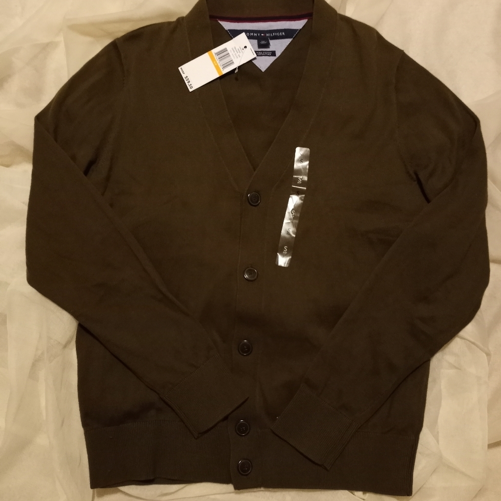 Tommy Hilfigers men's cardigan olive green v-neck